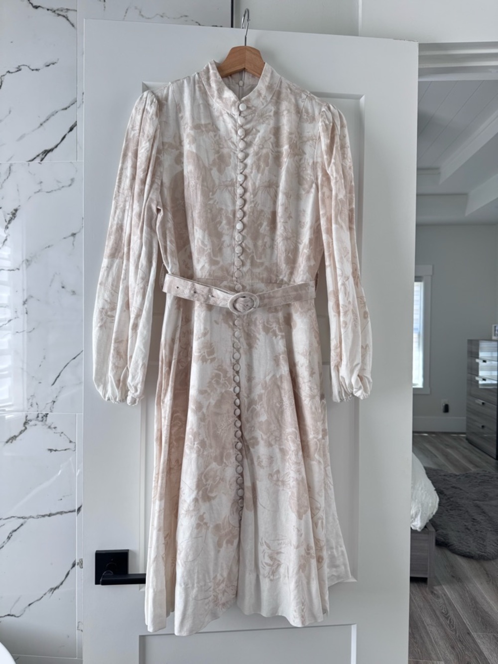 Ellie Makir Cream Floral Midi Dress with Belted Waist